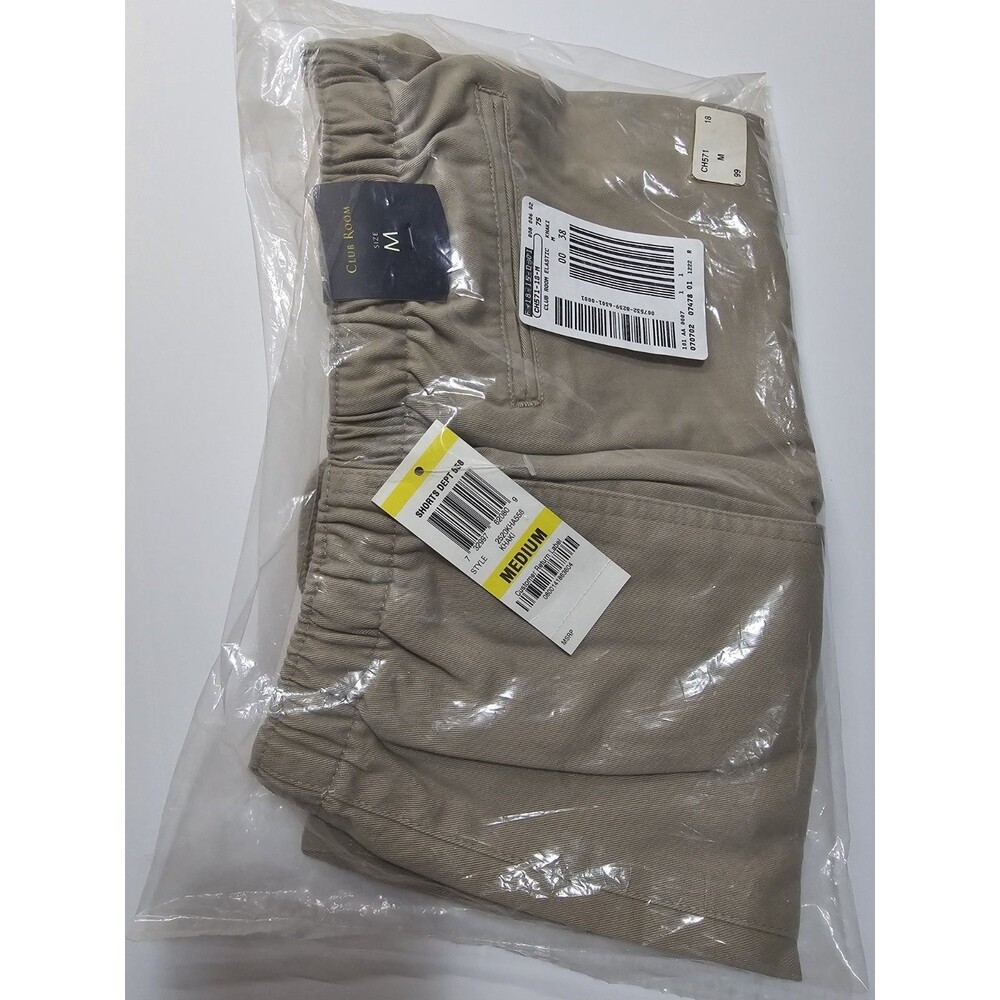 Club Room Mens Chino Shorts Medium NWT 100% Cotton Khaki Tan Elastic Waist NWT